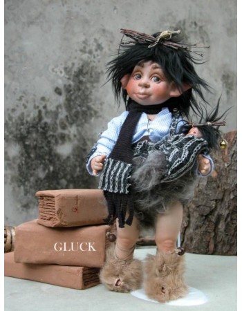 Poupée Elfe, Gluck avec le chiot, Poupée Porcelaine Collection, 30 cm