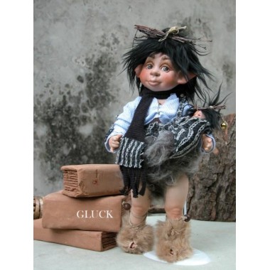 Poupée Elfe, Gluck avec le chiot, Poupée Porcelaine Collection, 30 cm