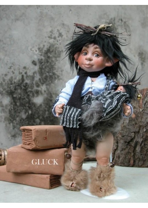 Poupée Elfe, Gluck avec le chiot, Poupée Porcelaine Collection, 30 cm