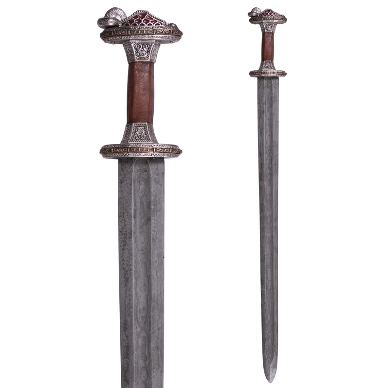 Épée scandinave à garde en laiton étamé, lame Damas