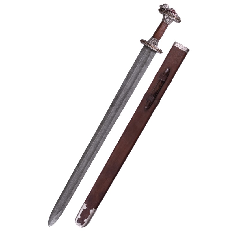 Épée scandinave à garde en laiton étamé, lame Damas