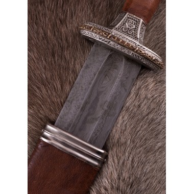 Épée scandinave à garde en laiton étamé, lame Damas