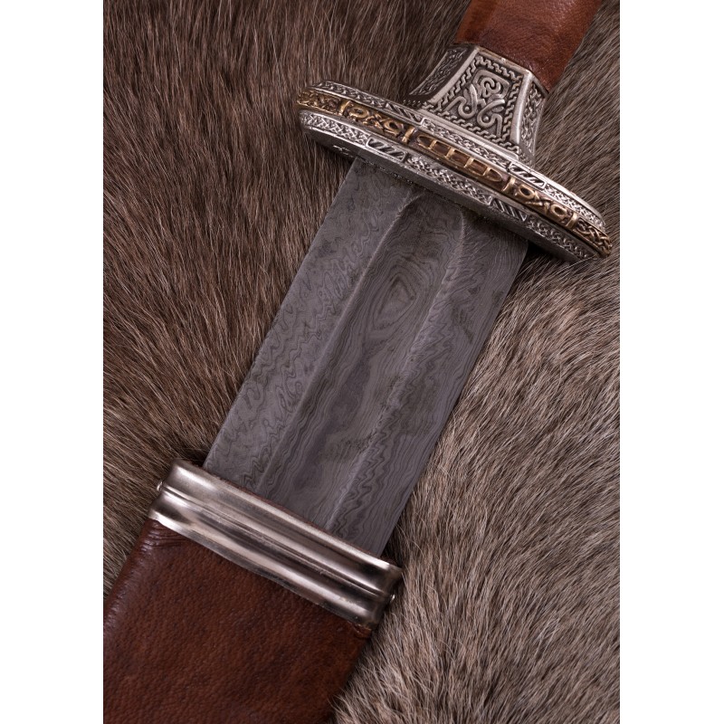 Épée scandinave à garde en laiton étamé, lame Damas
