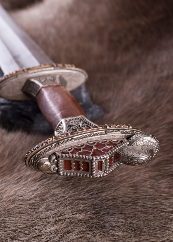 Épée scandinave à garde en laiton étamé, lame Damas